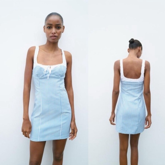 Zara combination gingham dress Blue - Picture 3 of 8
